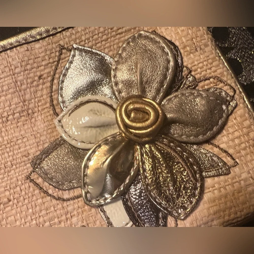 Coach Hampton Gold and Tan Woven Straw Wristlet w/ Flower Appliqué